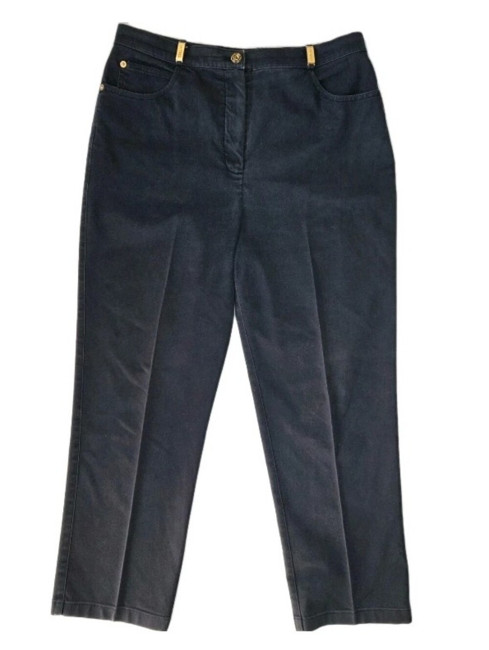 St. John Sport High Rise Straight Leg Pants Size 12 Navy Blue With Gold Accents